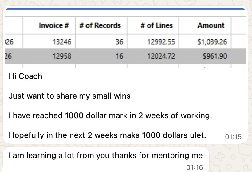 A chat message: I have reached 1000 dollar mark in 2 weeks of working! I am learning a lot from you, thanks for mentoring me.