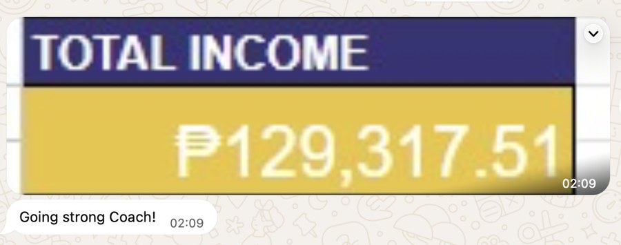A chat message showing a total income of ₱129,317.51, with the note: Going strong Coach!